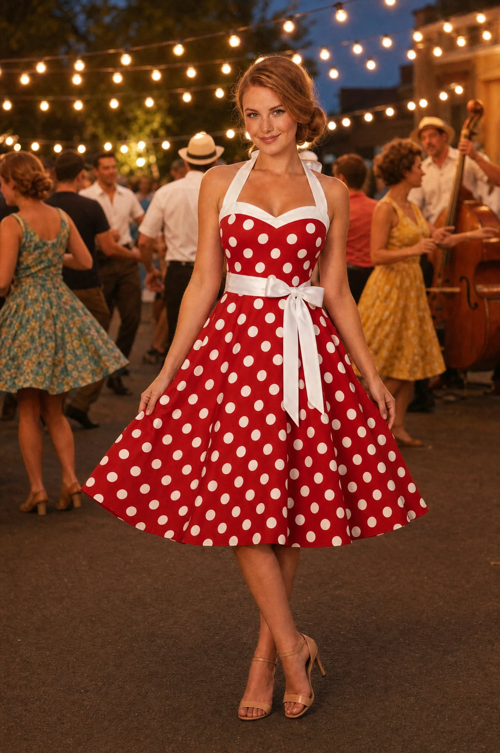 Robe Année 50 rouge à pois Josette portée par Julie lors d'un bal populaire en plein air au crépuscule, guirlande lumineuse et musiciens en arrière-plan, ambiance festive rétro