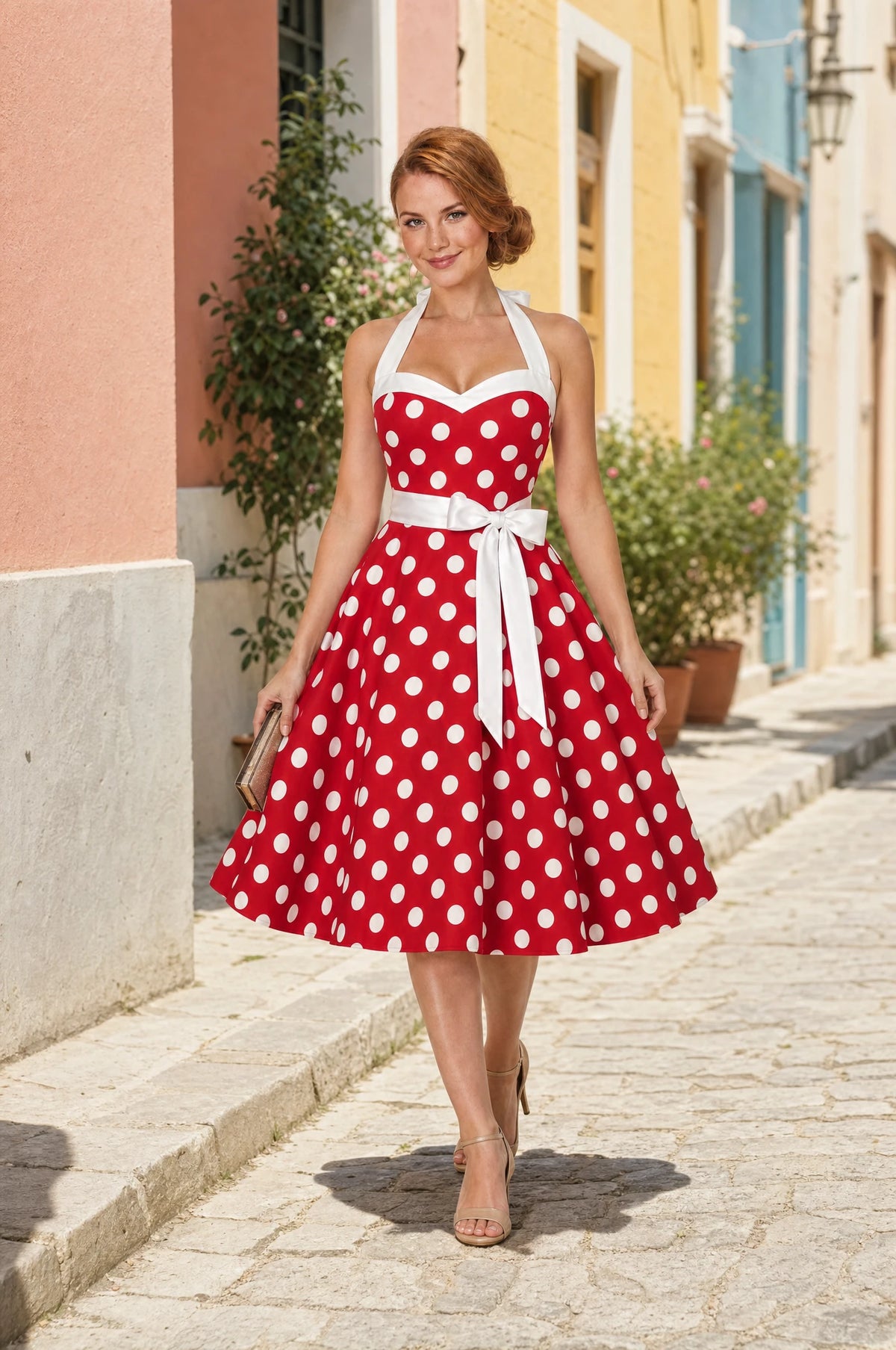 Robe Année 50 rouge à pois Josette portée par Julie dans une rue aux façades pastel ensoleillée, pochette à la main, ambiance méditerranéenne chaleureuse Image