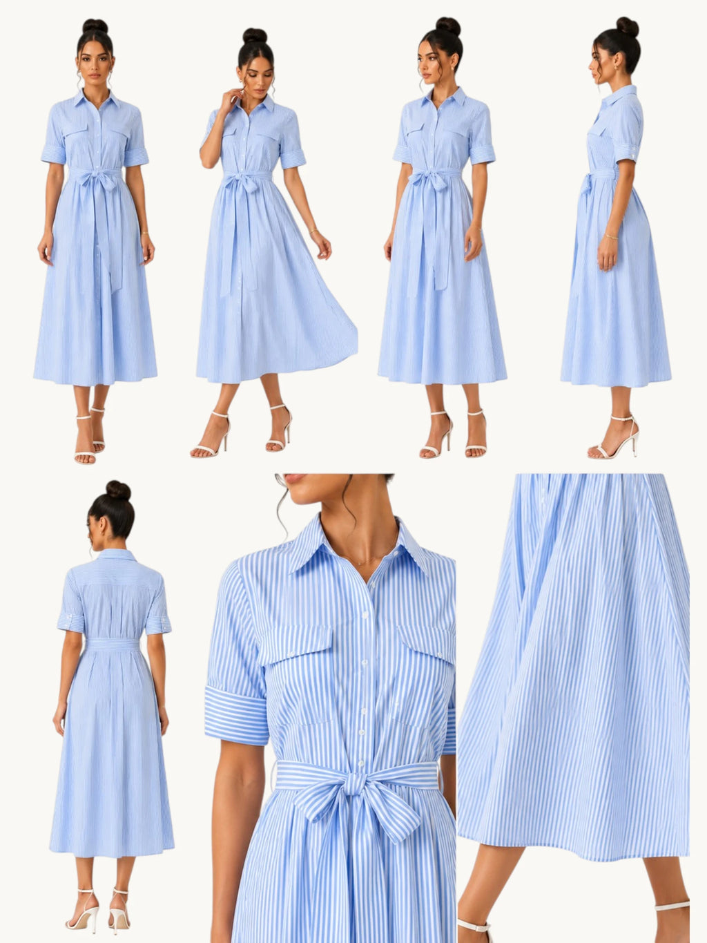 Montage présentant tous les détails de la robe chemise longue bleu ciel rayée : vue de face, dos, profil, trois-quarts, mouvement du tissu et gros plan des finitions pour une expérience shopping complète.