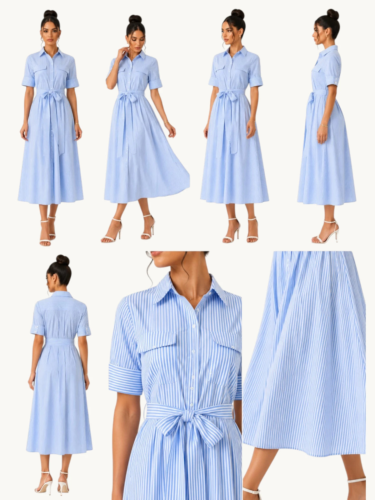 Montage présentant tous les détails de la robe chemise longue bleu ciel rayée : vue de face, dos, profil, trois-quarts, mouvement du tissu et gros plan des finitions pour une expérience shopping complète.