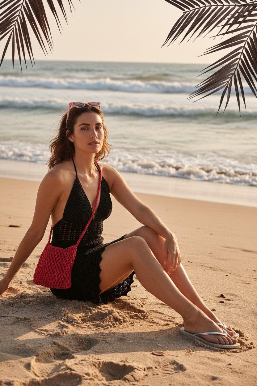Femme portant une robe de plage noire en crochet assise sur le sable au coucher du soleil, style bohème chic parfait pour les vacances en bord de mer.