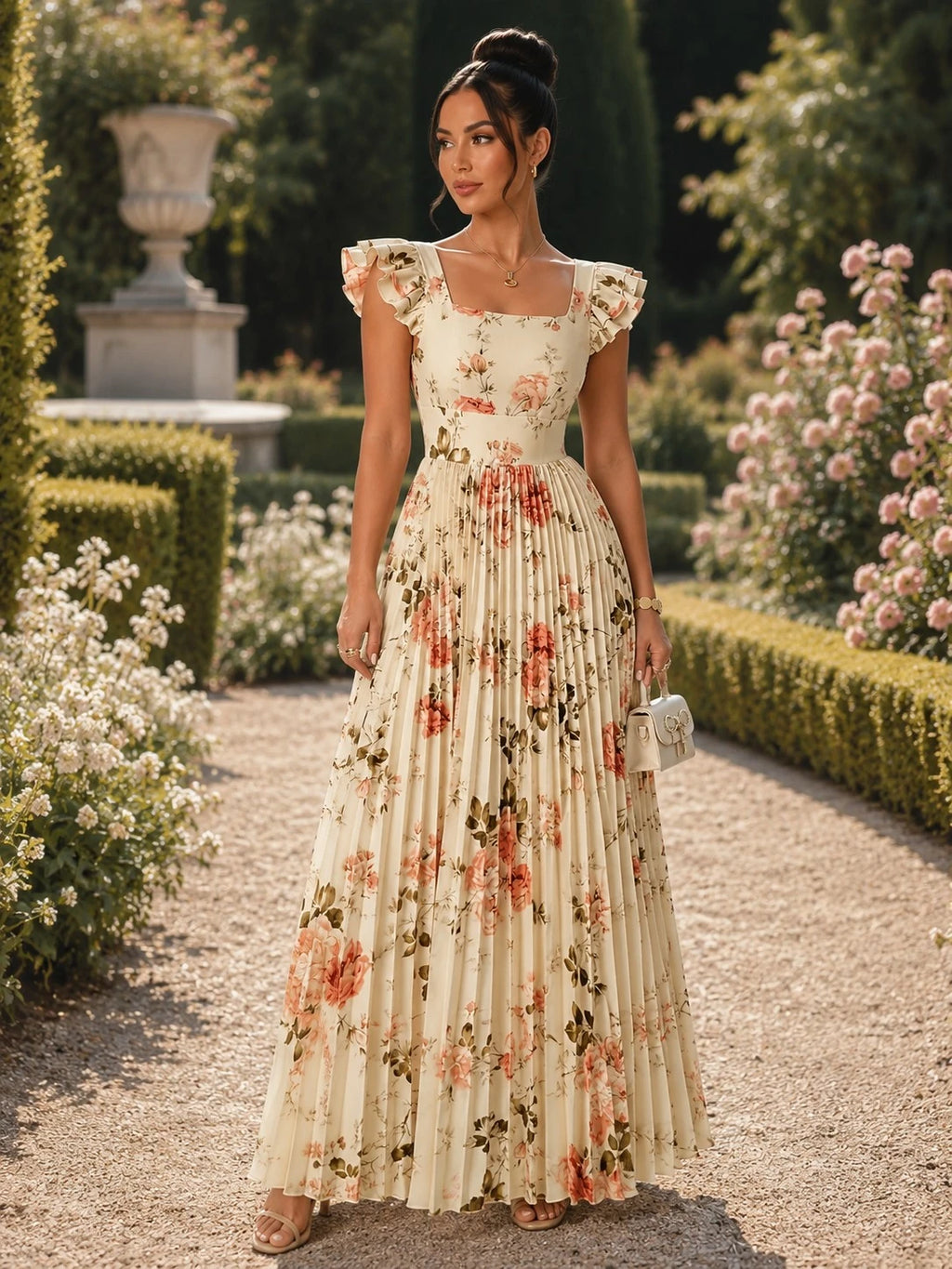 Robe longue romantique imprimée fleurs roses portée dans un jardin élégant, avec jupe plissée aérienne et silhouette féminine idéale pour mariage en plein air.