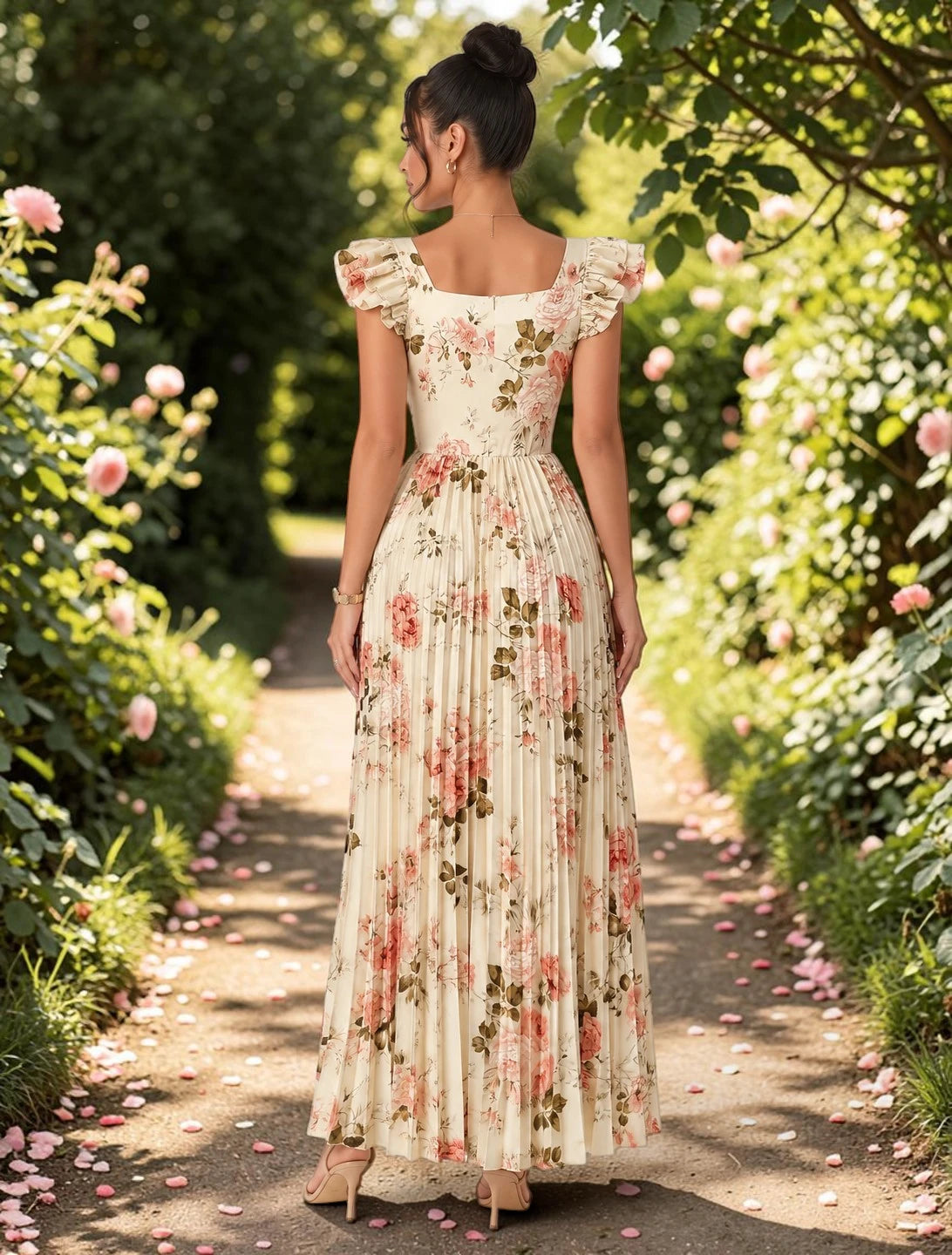 Vue arrière d’une robe champêtre chic à imprimé floral vintage, manches volantées et jupe plissée pour un style bohème élégant. Image